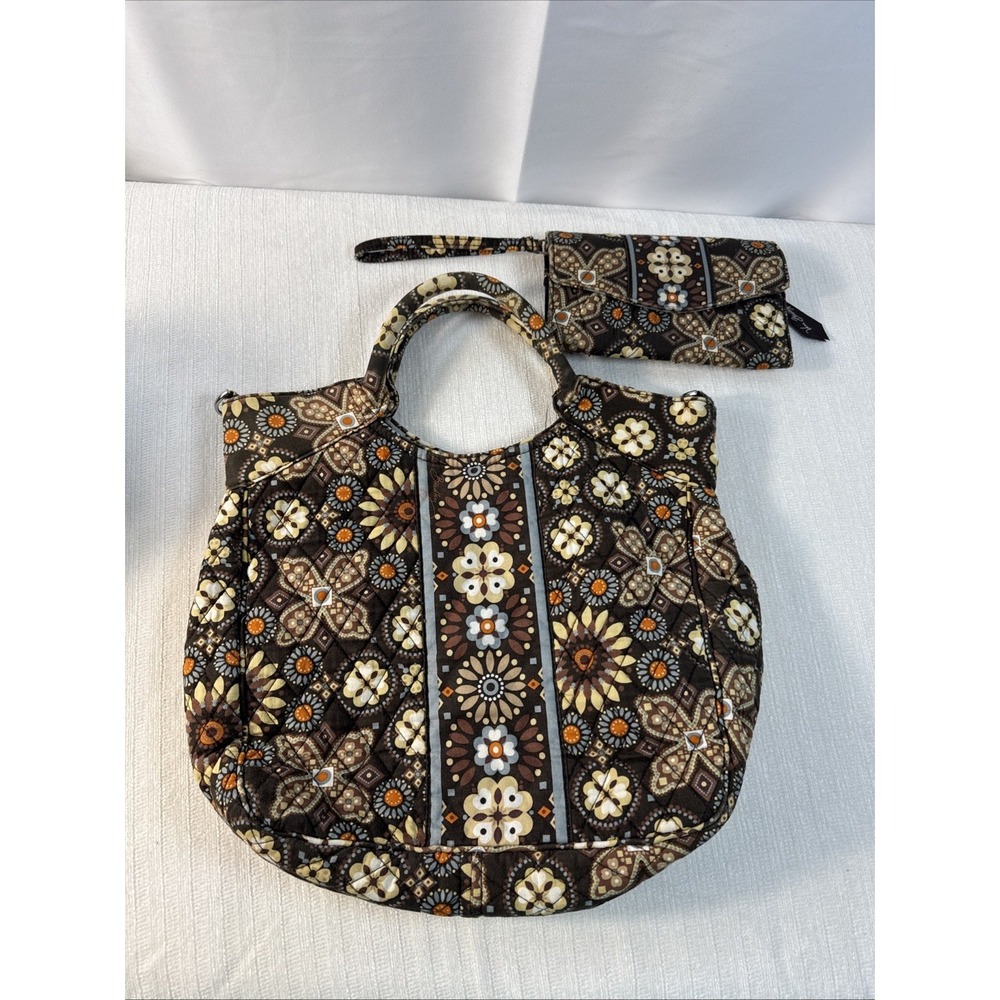 Vera Bradley AbbyTote Bag Wallet Set Retired Women Brown Floral Quilted Earthy